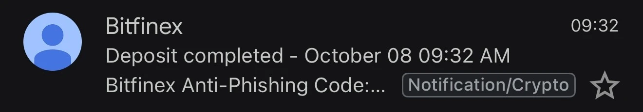 Bitfinex email notification in the inbox: Deposit completed - October 08 09:32 AM