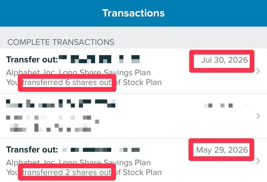 Morgan Stanley 股票计划账户交易记录截图：2026 年 5 月 29 日转出 2 股、7 月 30 日转出 6 股
