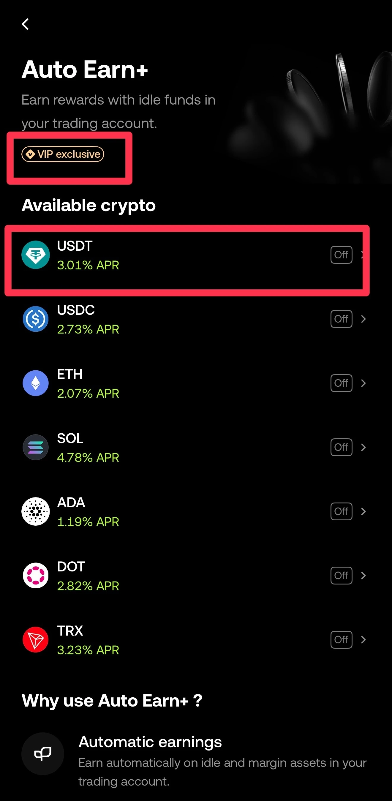 The OKX Auto Earn+ page marked VIP exclusive, with rates of USDT 3.01%, USDC 2.73%, ETH 2.07%, SOL 4.78%, ADA 1.19%, DOT 2.82% and TRX 3.23% APR