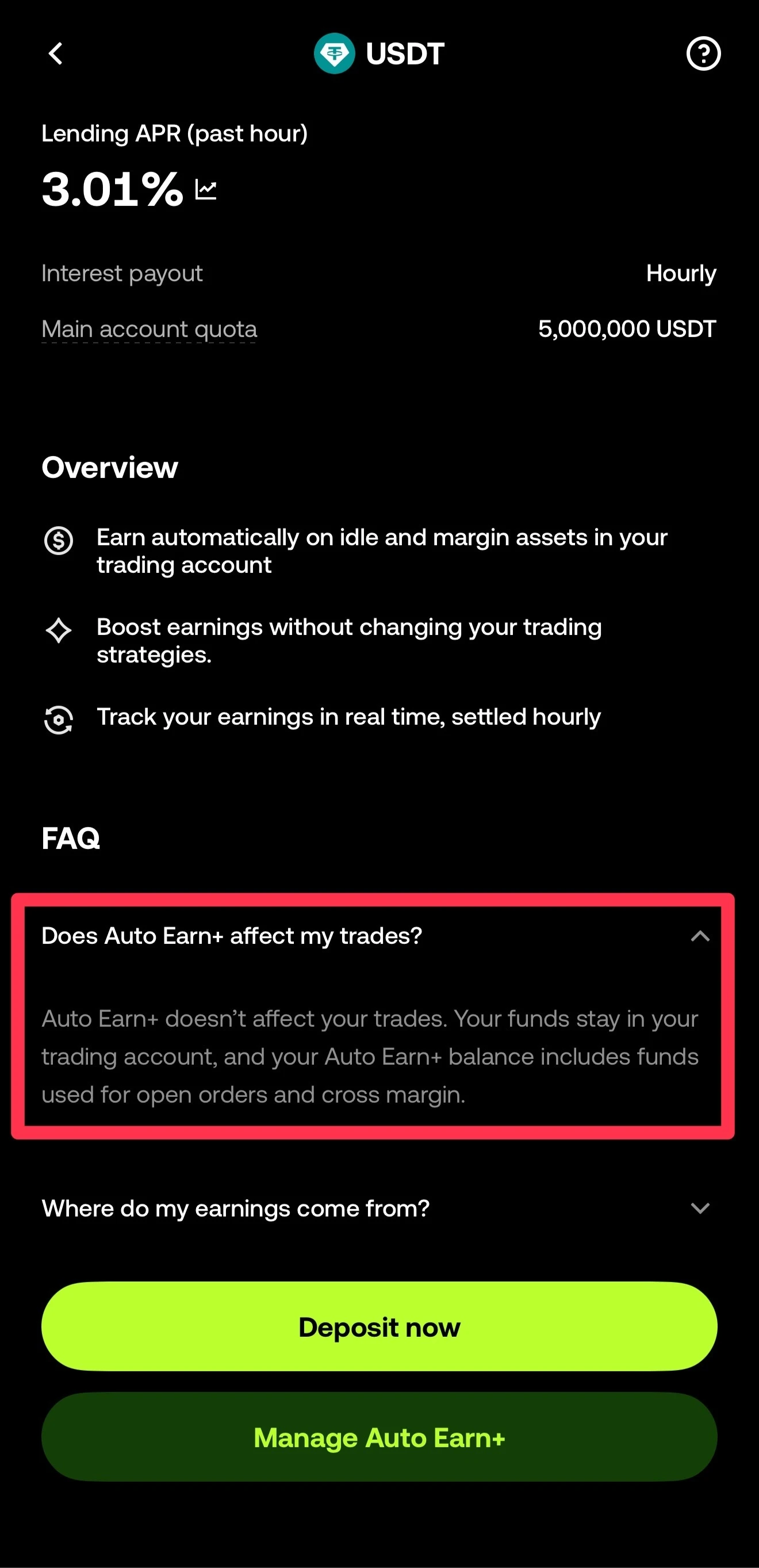 The OKX Auto Earn+ USDT detail page showing a lending APR over the past hour of 3.01%, hourly interest payout, a main-account quota of 5,000,000 USDT, and an FAQ saying Auto Earn+ does not affect trades because funds stay in the trading account