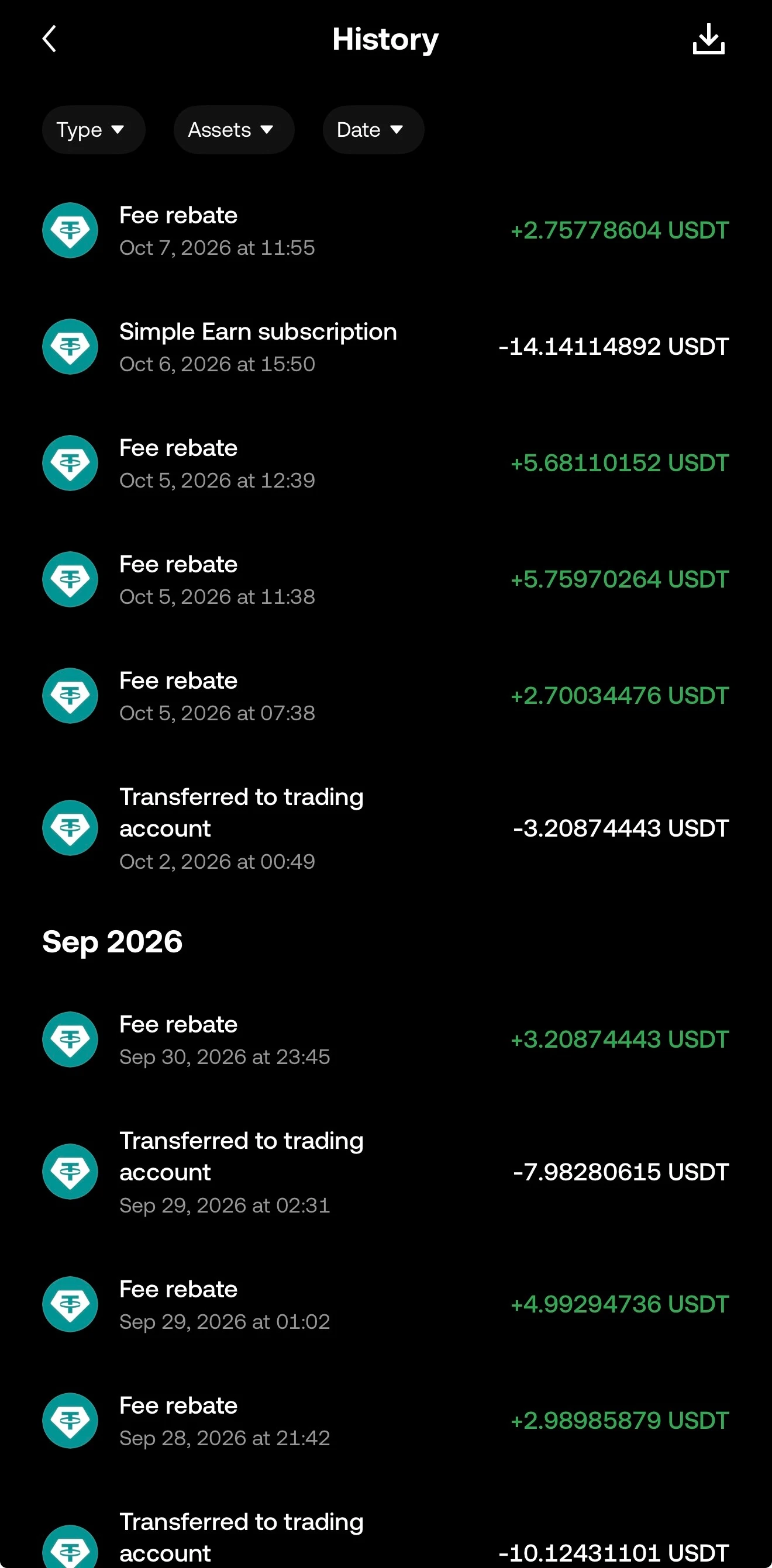 The OKX funding account history from late September to 7 October 2026, with a Fee rebate entry almost every day, each about 2.7 to 5.8 USDT