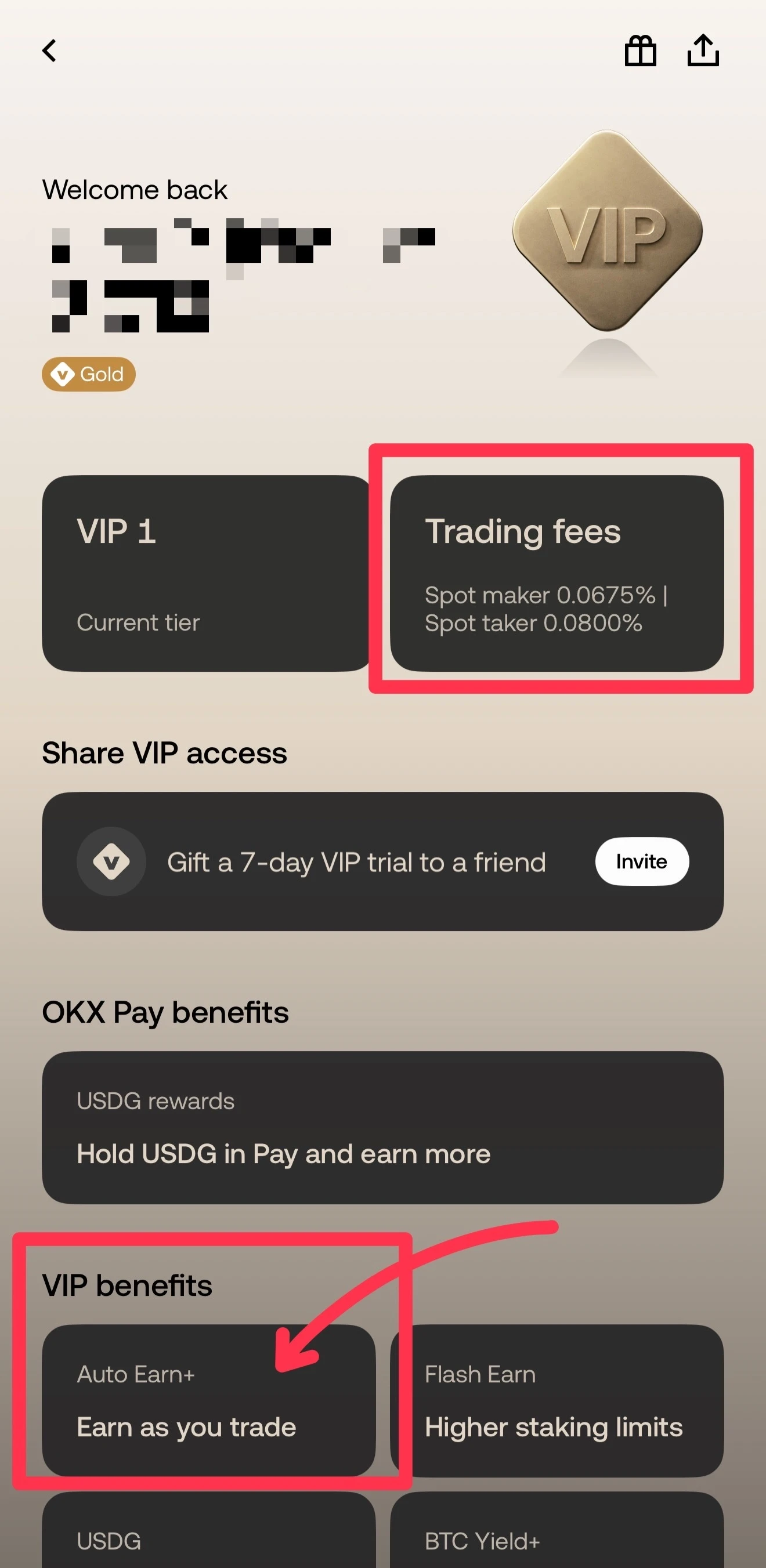 The VIP page in the OKX app showing current tier VIP 1 with trading fees of spot maker 0.0675% and spot taker 0.0800%, and VIP benefits including Auto Earn+, Flash Earn, USDG and BTC Yield+; name masked