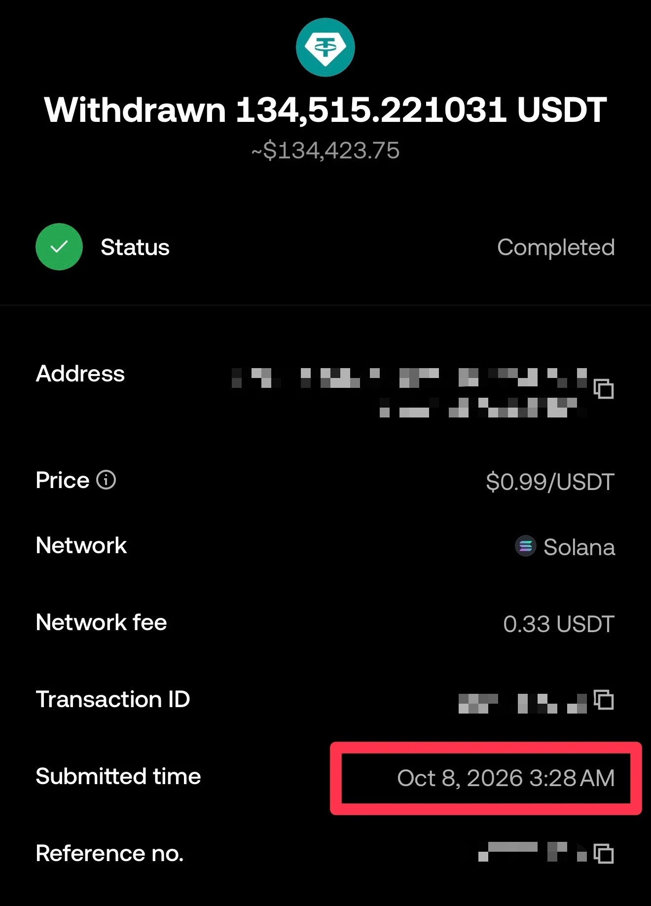 OKX withdrawal details: withdrawn 134,515.221031 USDT, status completed, network Solana, network fee 0.33 USDT, submitted 3:28 a.m. on 8 October 2026; address masked