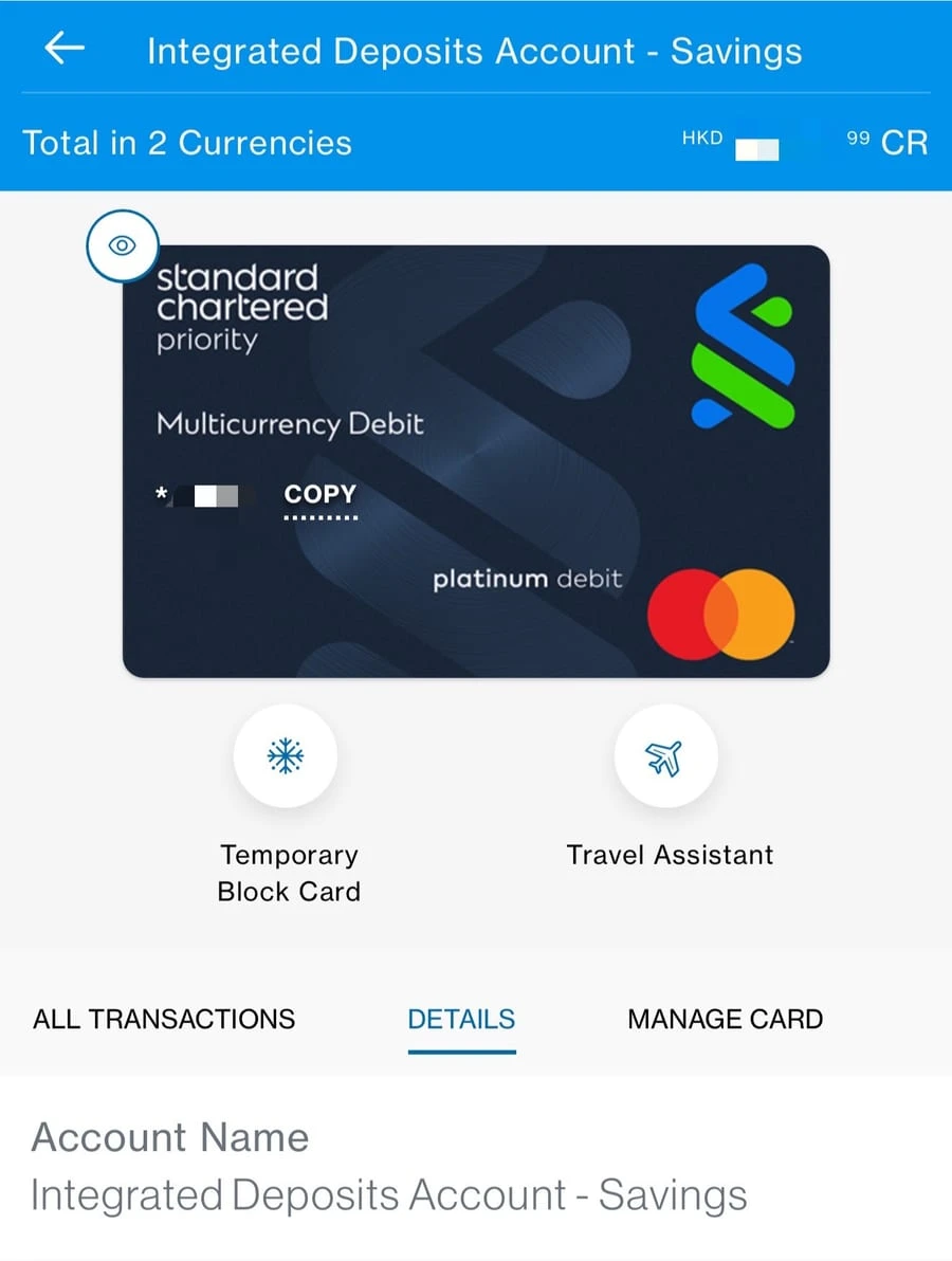 Standard Chartered Hong Kong app screenshot: integrated deposits account and Priority multicurrency debit card, with card number and balance masked