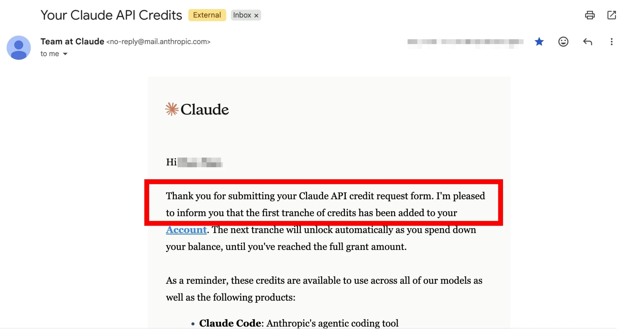 Claude 发来的“Your Claude API Credits”邮件：第一批 credits 已加进账户，之后随用量自动解锁下一批，直到补满全部额度