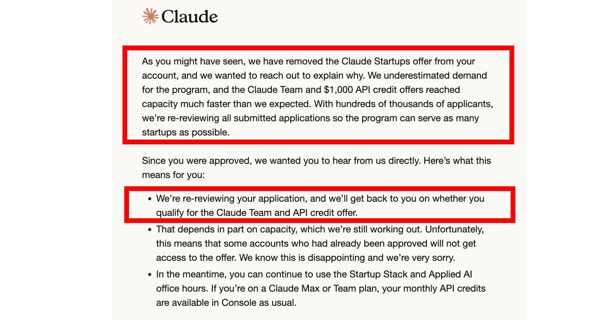 Anthropic 发来的邮件：说明低估了申请需求，Claude Team 和 1,000 美元 API credits 很快额满，先从账号移除福利并重新审核所有申请，也提到部分已通过的账号可能拿不到