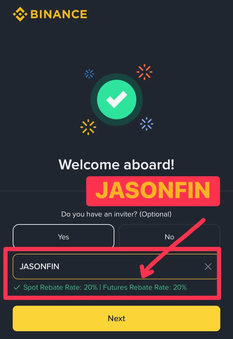 Binance sign-up page with the invitation code field showing JASONFIN