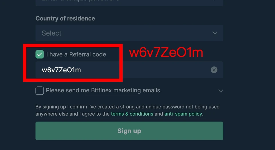 Bitfinex sign-up page with the invitation code field showing w6v7ZeO1m