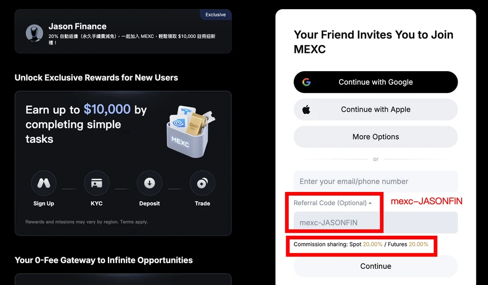 MEXC sign-up page with the invitation code field showing mexc-JASONFIN