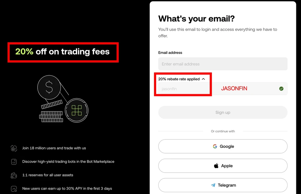 OKX sign-up page with the invitation code field showing JASONFIN
