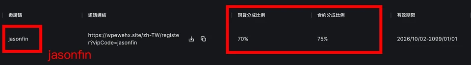 WEEX 註冊畫面，邀請碼欄位顯示 jasonfin