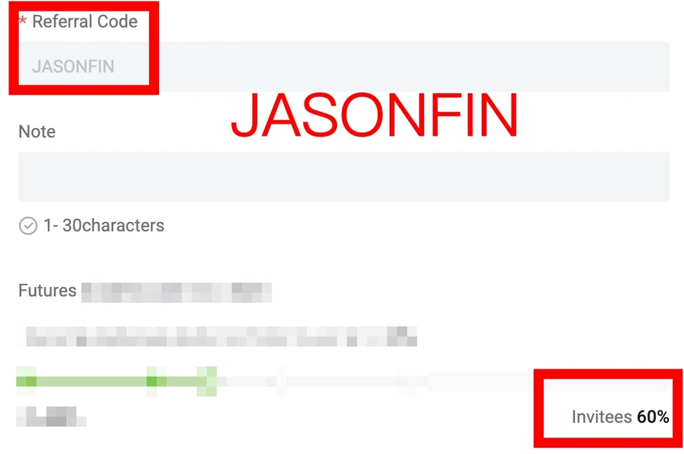XT.COM sign-up page with the invitation code field showing JASONFIN